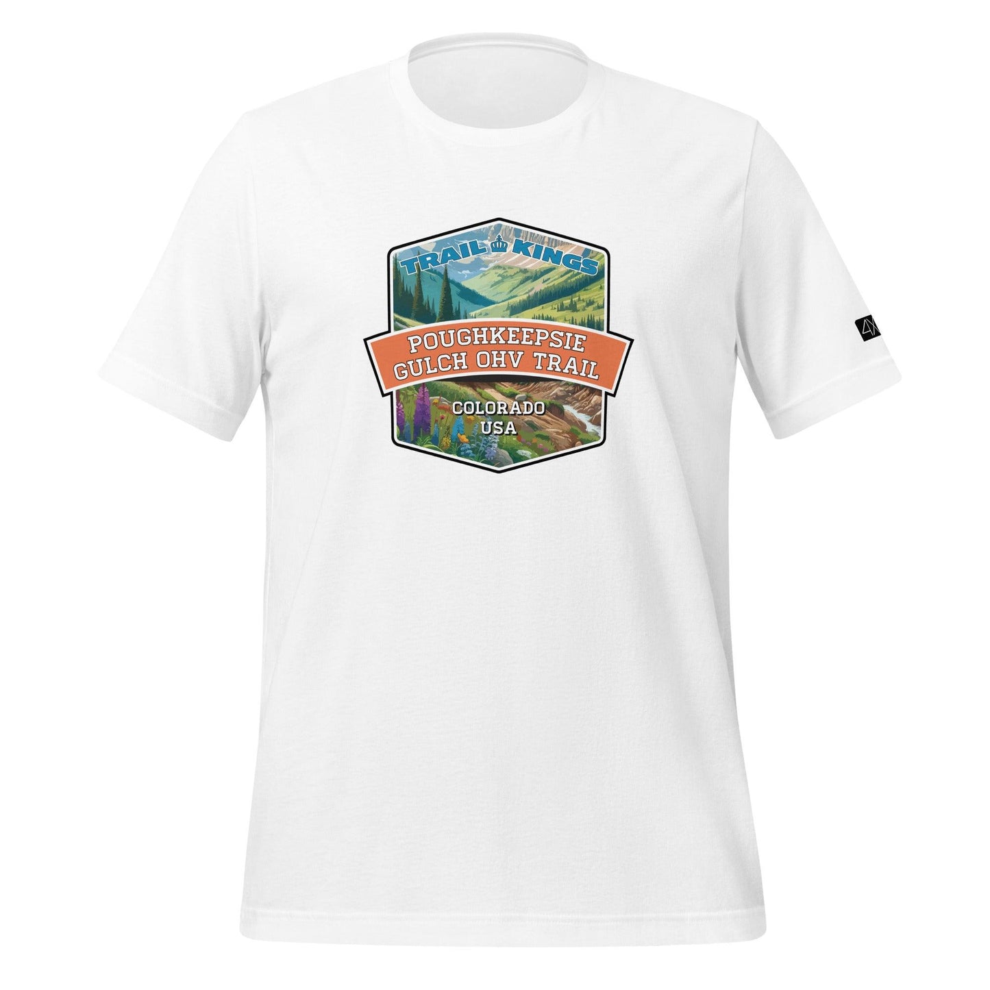 Front view of the Poughkeepsie Gulch OHV Trail Unisex t-shirt in white