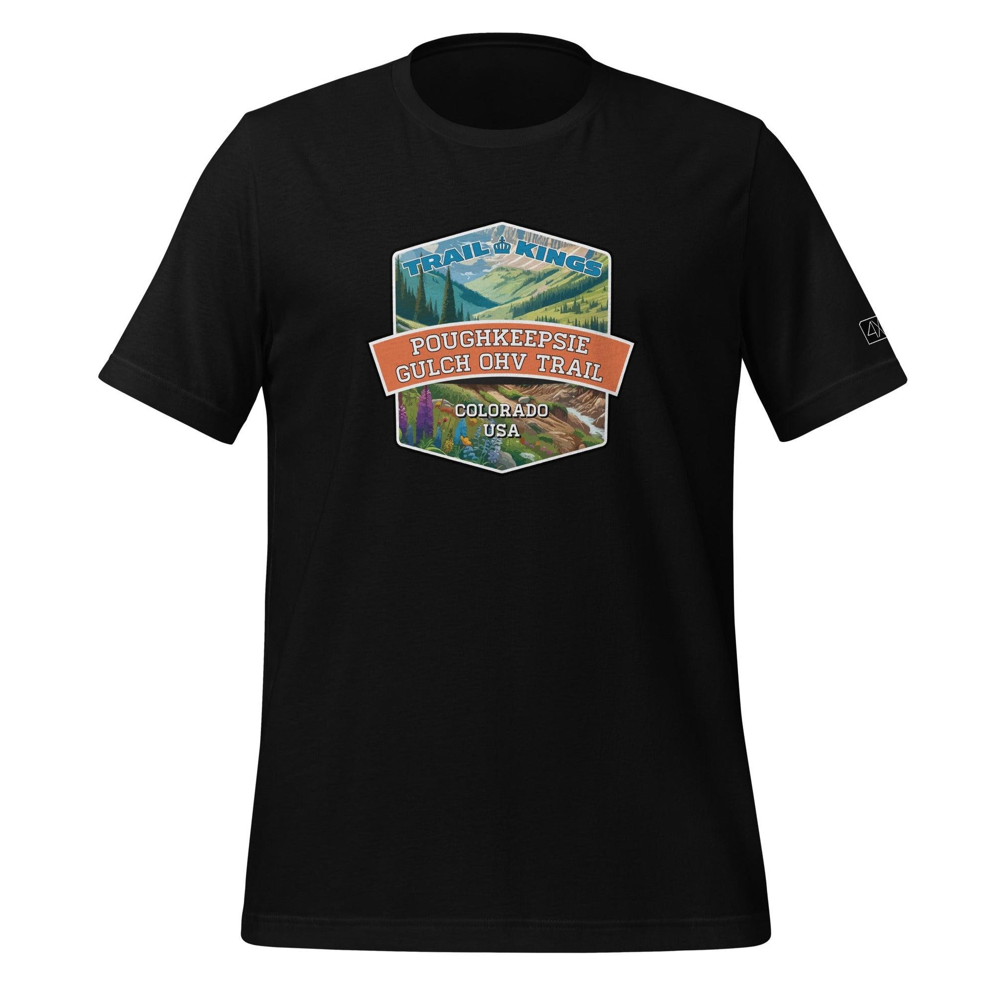 Front view of the Poughkeepsie Gulch OHV Trail Unisex t-shirt in black