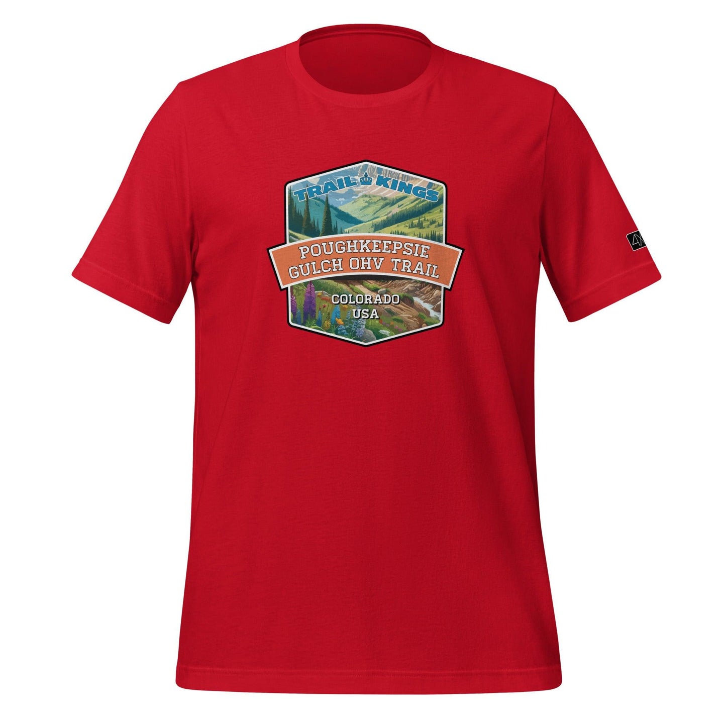 Front view of the Poughkeepsie Gulch OHV Trail Unisex t-shirt in red