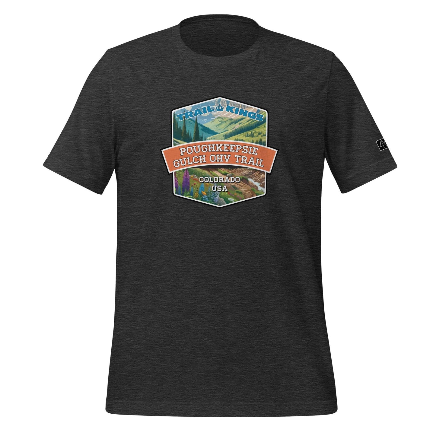 Front view of the Poughkeepsie Gulch OHV Trail Unisex t-shirt in dark grey heather