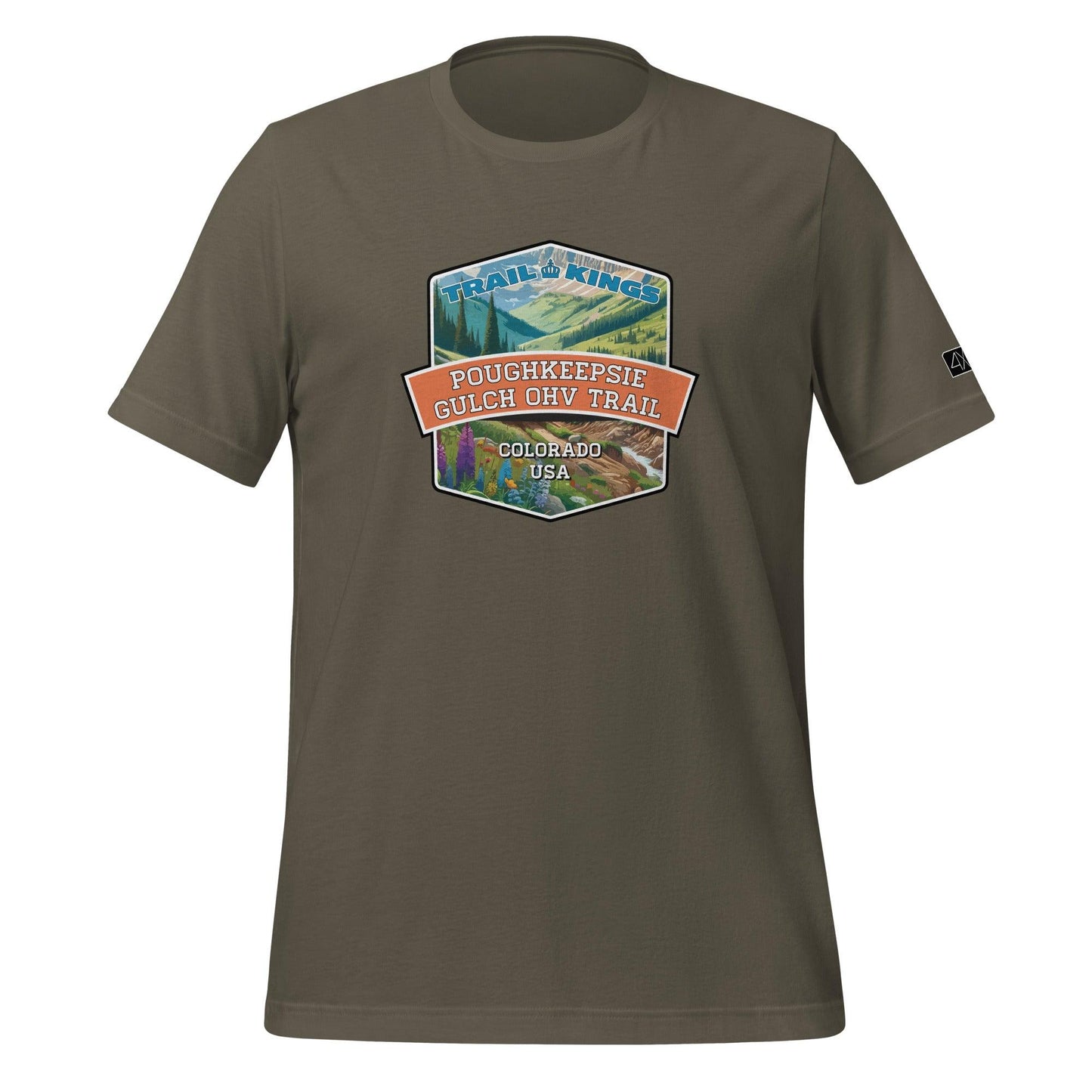 Front view of the Poughkeepsie Gulch OHV Trail Unisex t-shirt in army