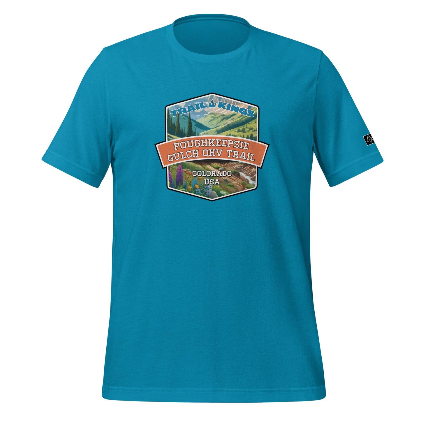 Front view of the Poughkeepsie Gulch OHV Trail Unisex t-shirt in aqua