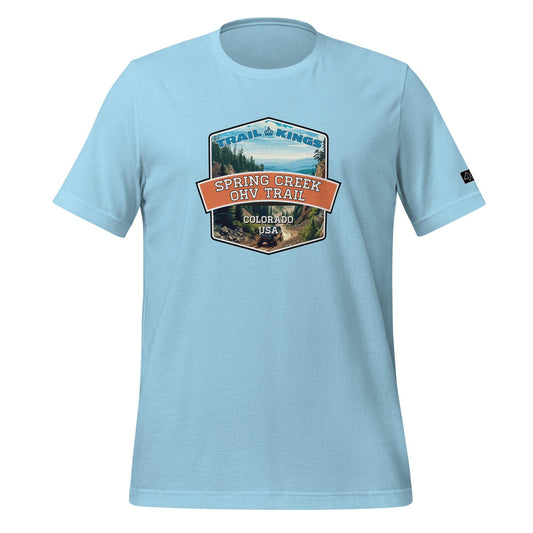 Front view of the Spring Creek OHV Trail Unisex t-shirt in ocean blue