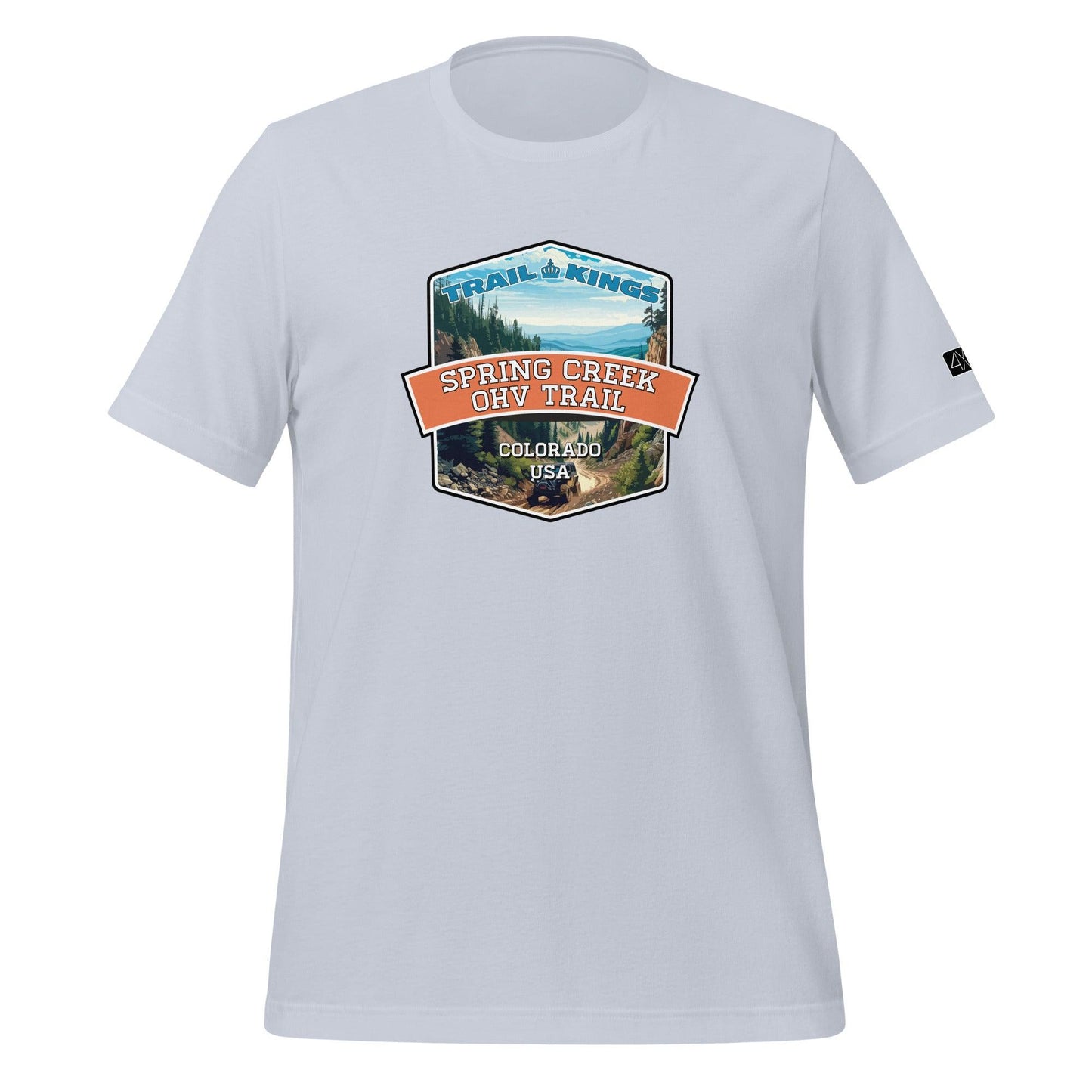 Front view of the Spring Creek OHV Trail Unisex t-shirt in light blue