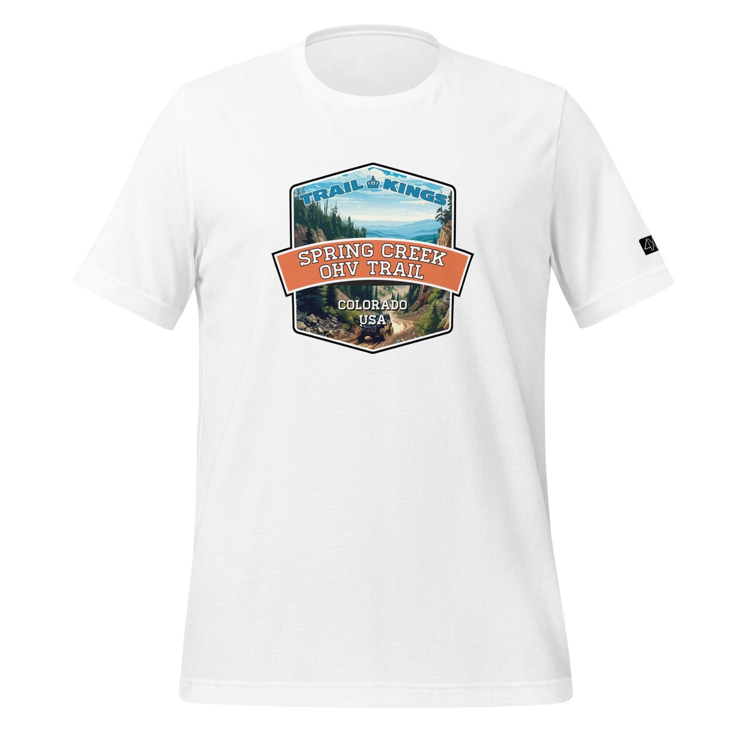 Front view of the Spring Creek OHV Trail Unisex t-shirt in white