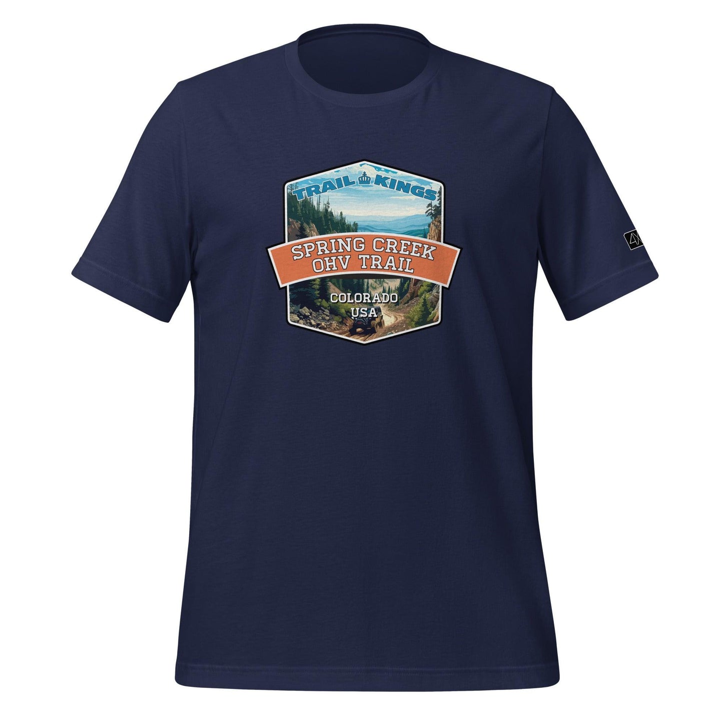 Front view of the Spring Creek OHV Trail Unisex t-shirt in navy