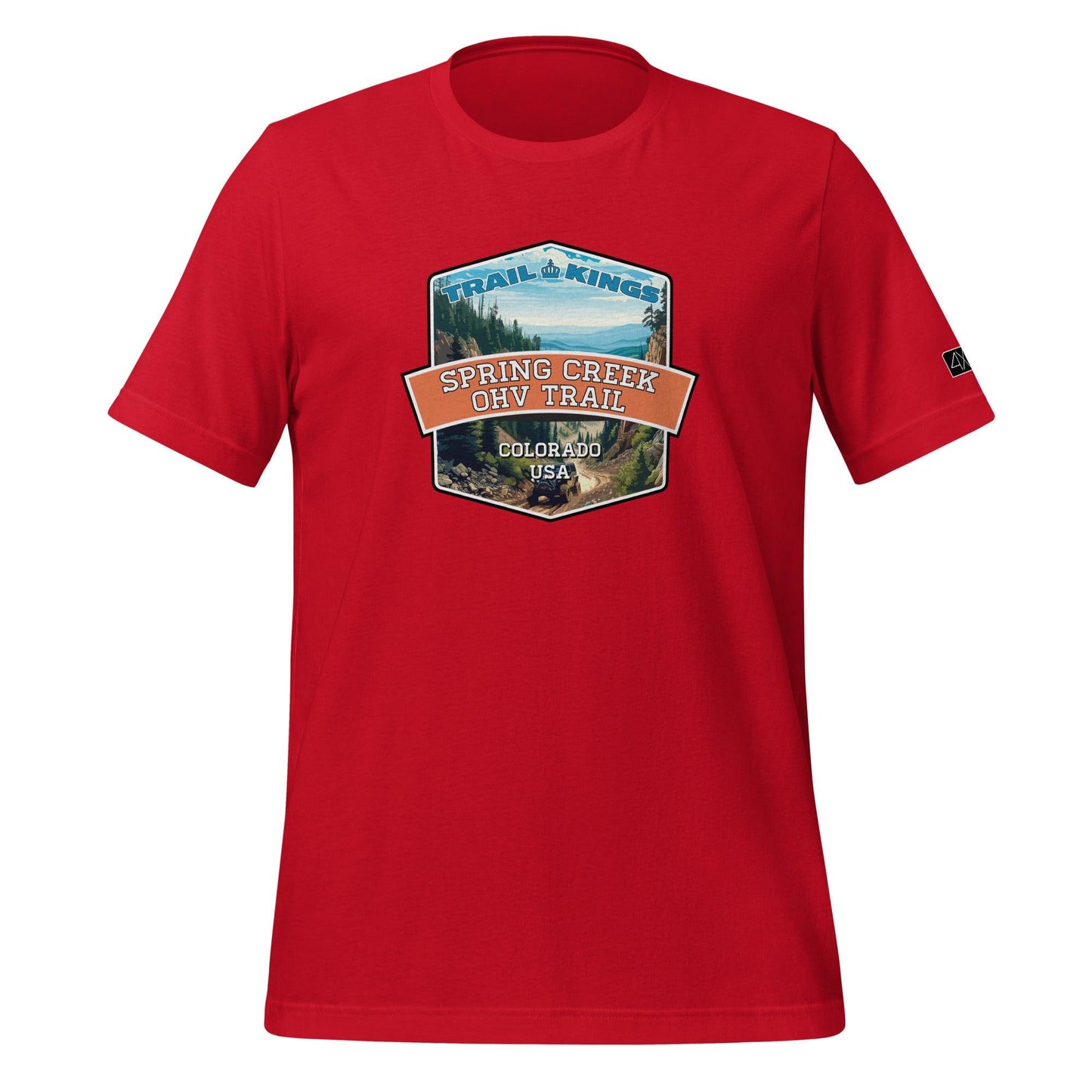 Front view of the Spring Creek OHV Trail Unisex t-shirt in red