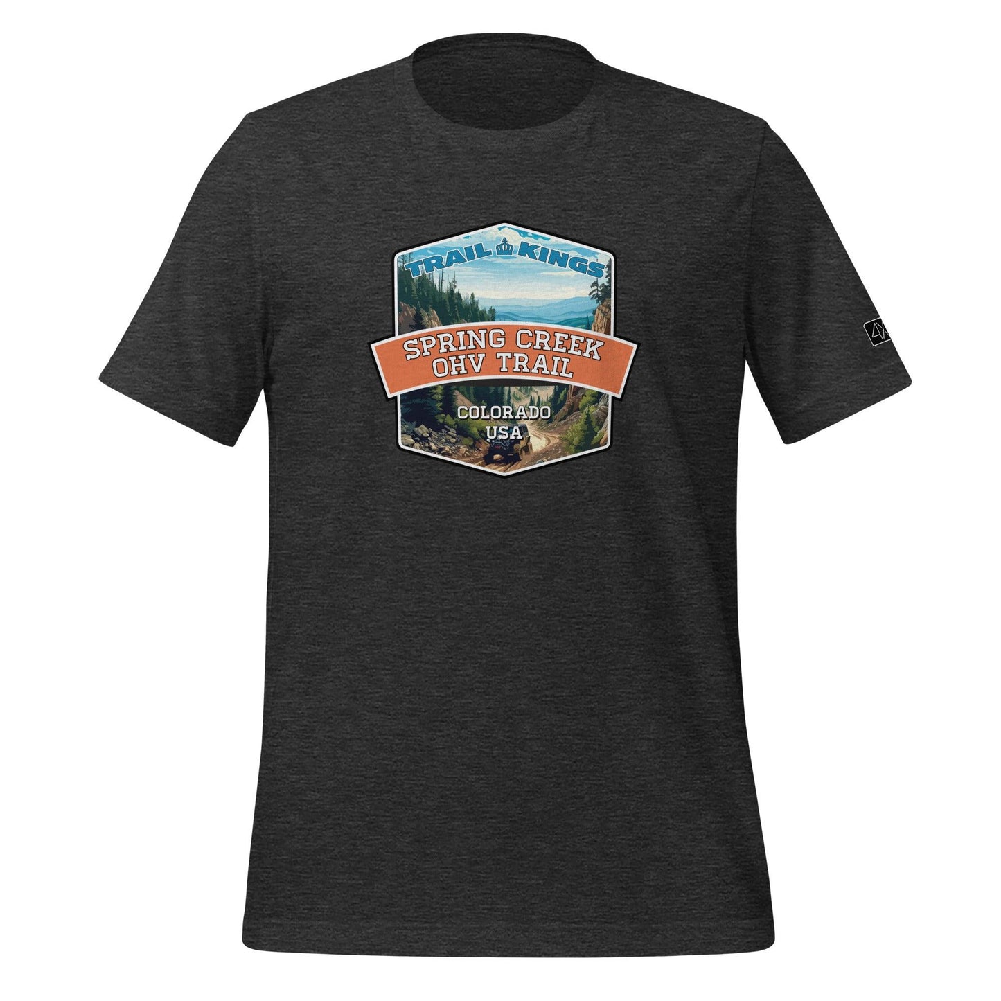 Front view of the Spring Creek OHV Trail Unisex t-shirt in dark grey heather