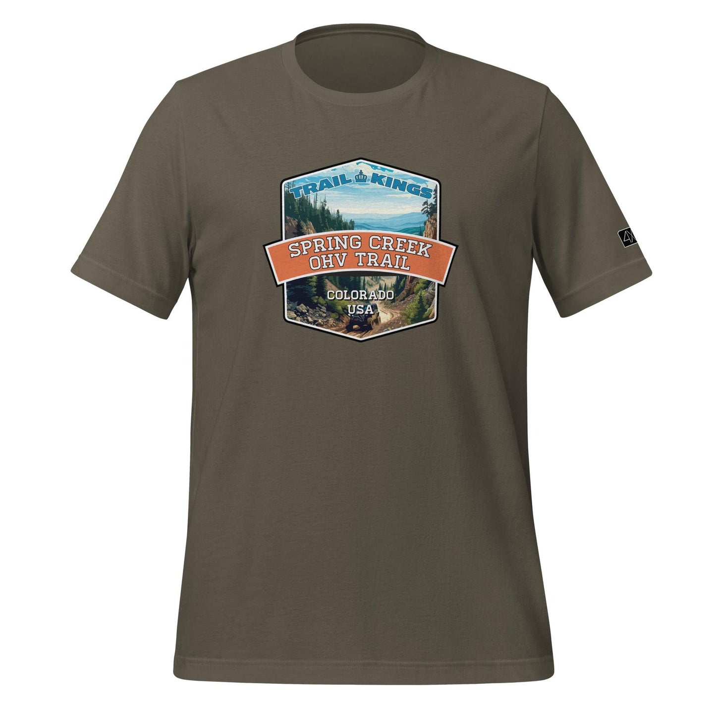 Front view of the Spring Creek OHV Trail Unisex t-shirt in army