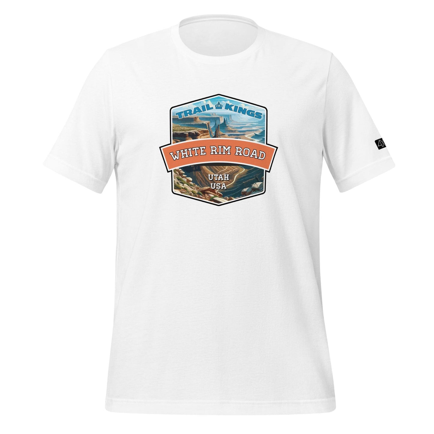 Front view of the White Rim Road Unisex t-shirt in white