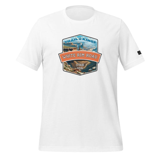 Front view of the White Rim Road Unisex t-shirt in white