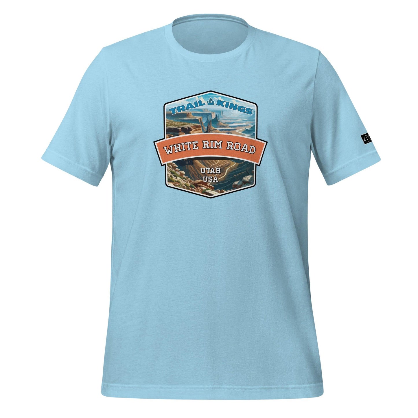 Front view of the White Rim Road Unisex t-shirt in ocean blue