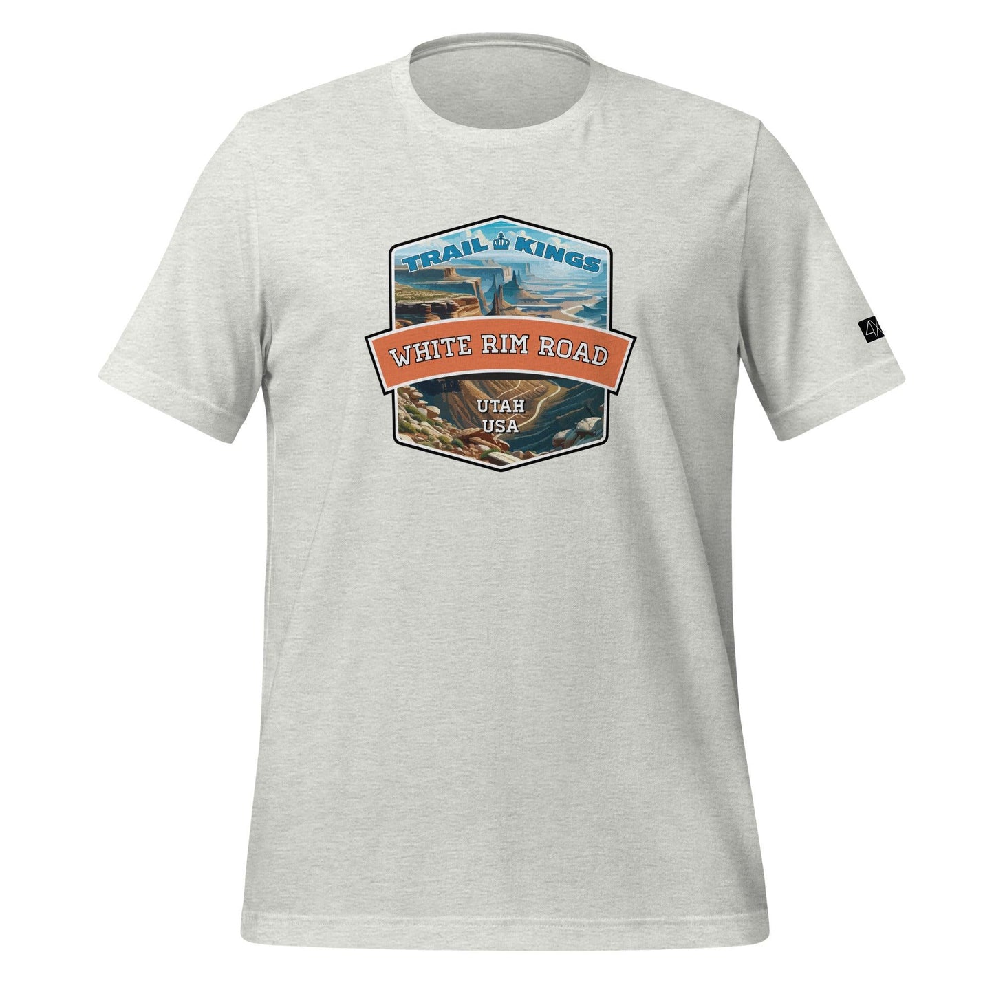 Front view of the White Rim Road Unisex t-shirt in ash