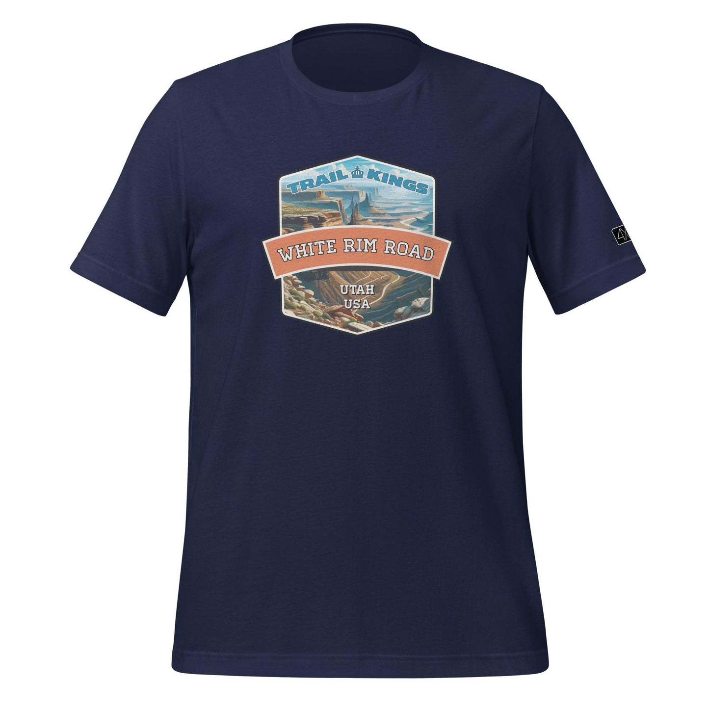 Front view of the White Rim Road Unisex t-shirt in navy