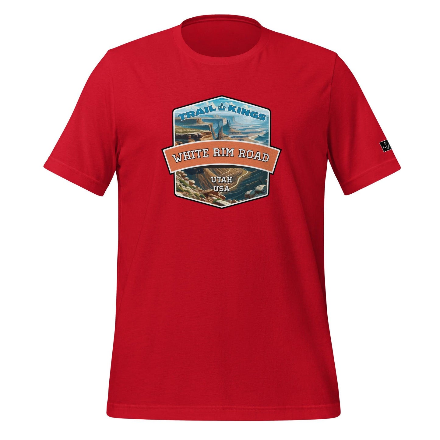 Front view of the White Rim Road Unisex t-shirt in red