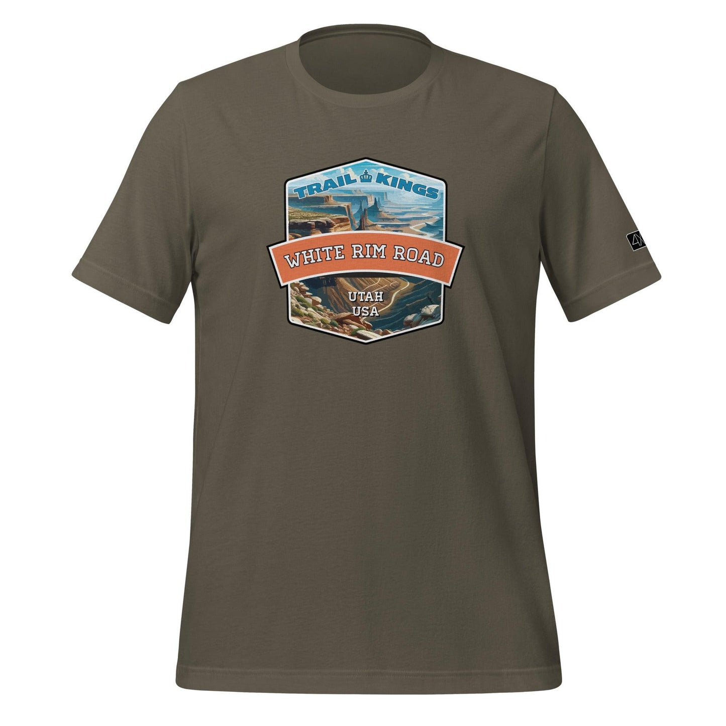 Front view of the White Rim Road Unisex t-shirt in army