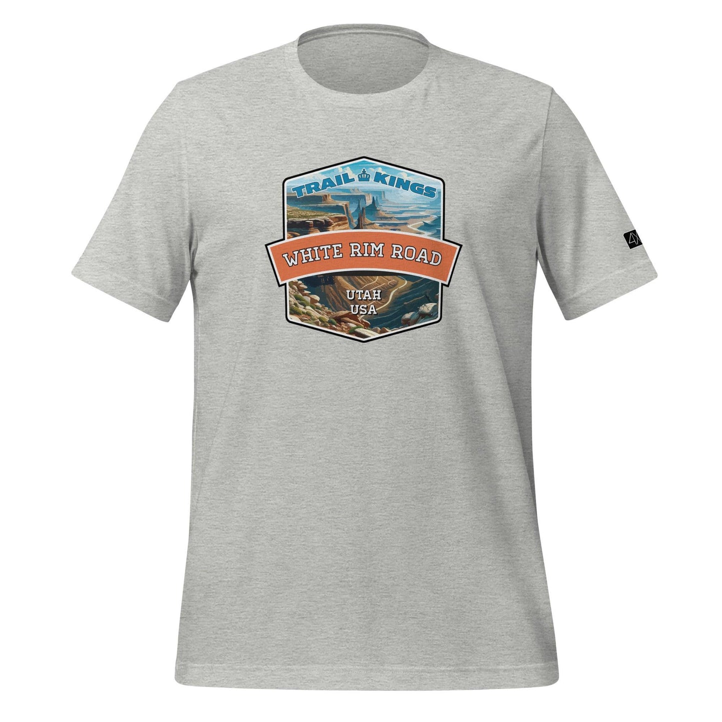 Front view of the White Rim Road Unisex t-shirt in athletic heather