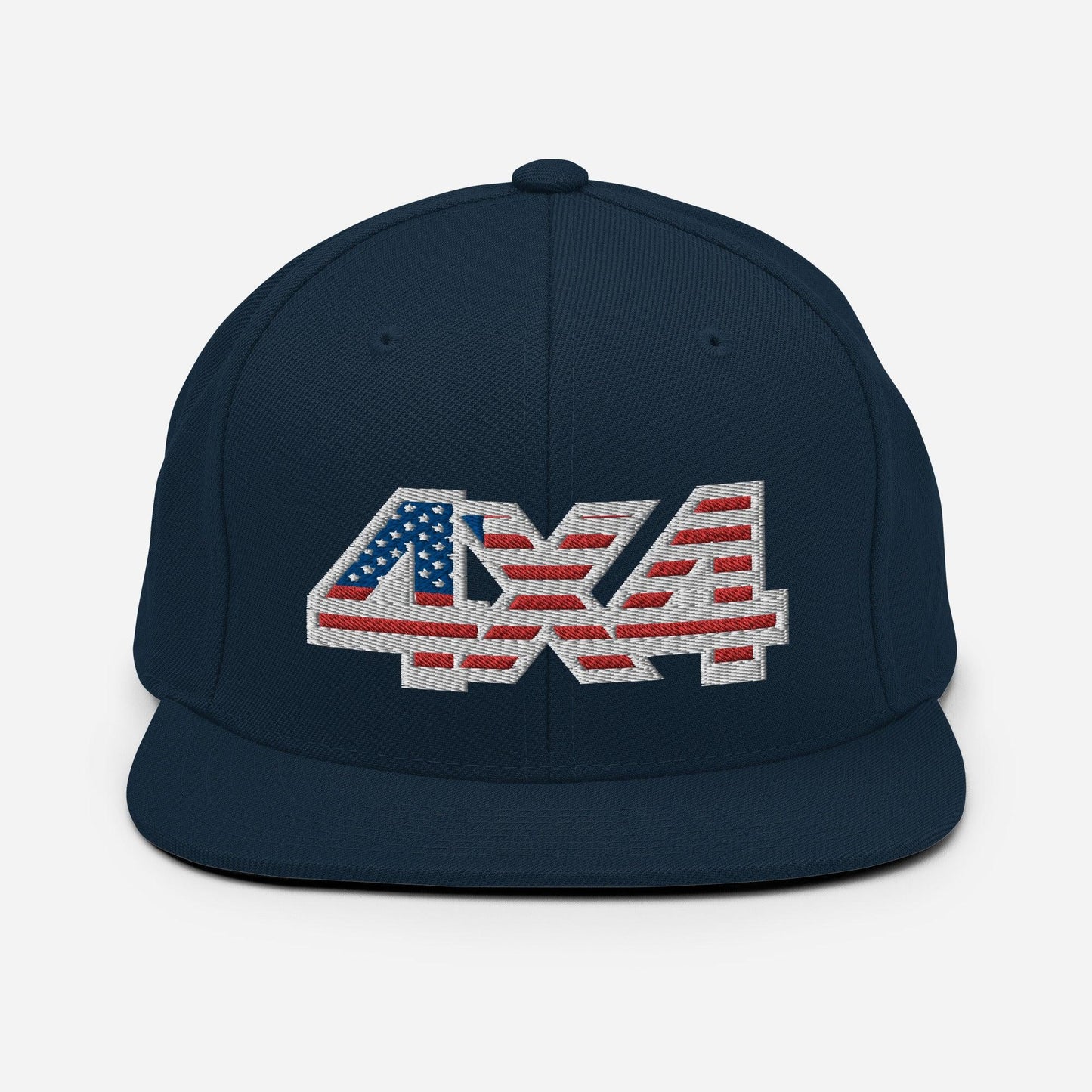 Front view of a navy blue Snapback Hat with 4x4 USA decal Embroidery