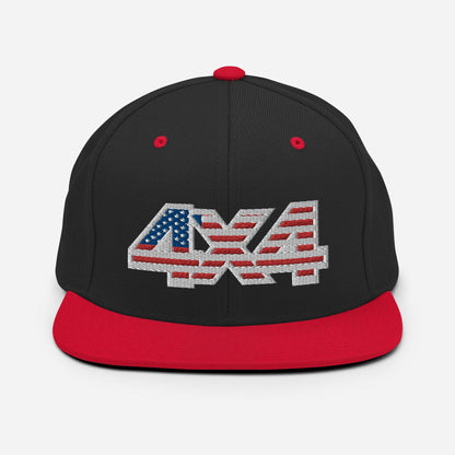 Front view of a black and red Snapback Hat with 4x4 USA decal Embroidery