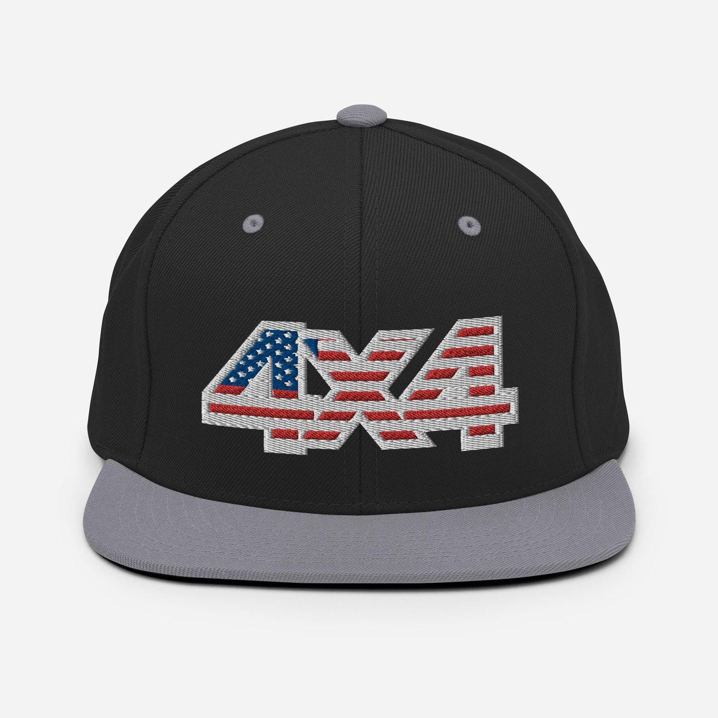 Front view of a black and grey Snapback Hat with 4x4 USA decal Embroidery