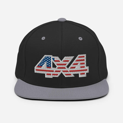 Front view of a black and grey Snapback Hat with 4x4 USA decal Embroidery