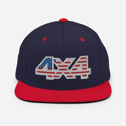 Front view of a navy blue and red Snapback Hat with 4x4 USA decal Embroidery