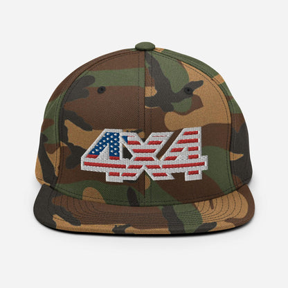 Front view of a camo Snapback Hat with 4x4 USA decal Embroidery