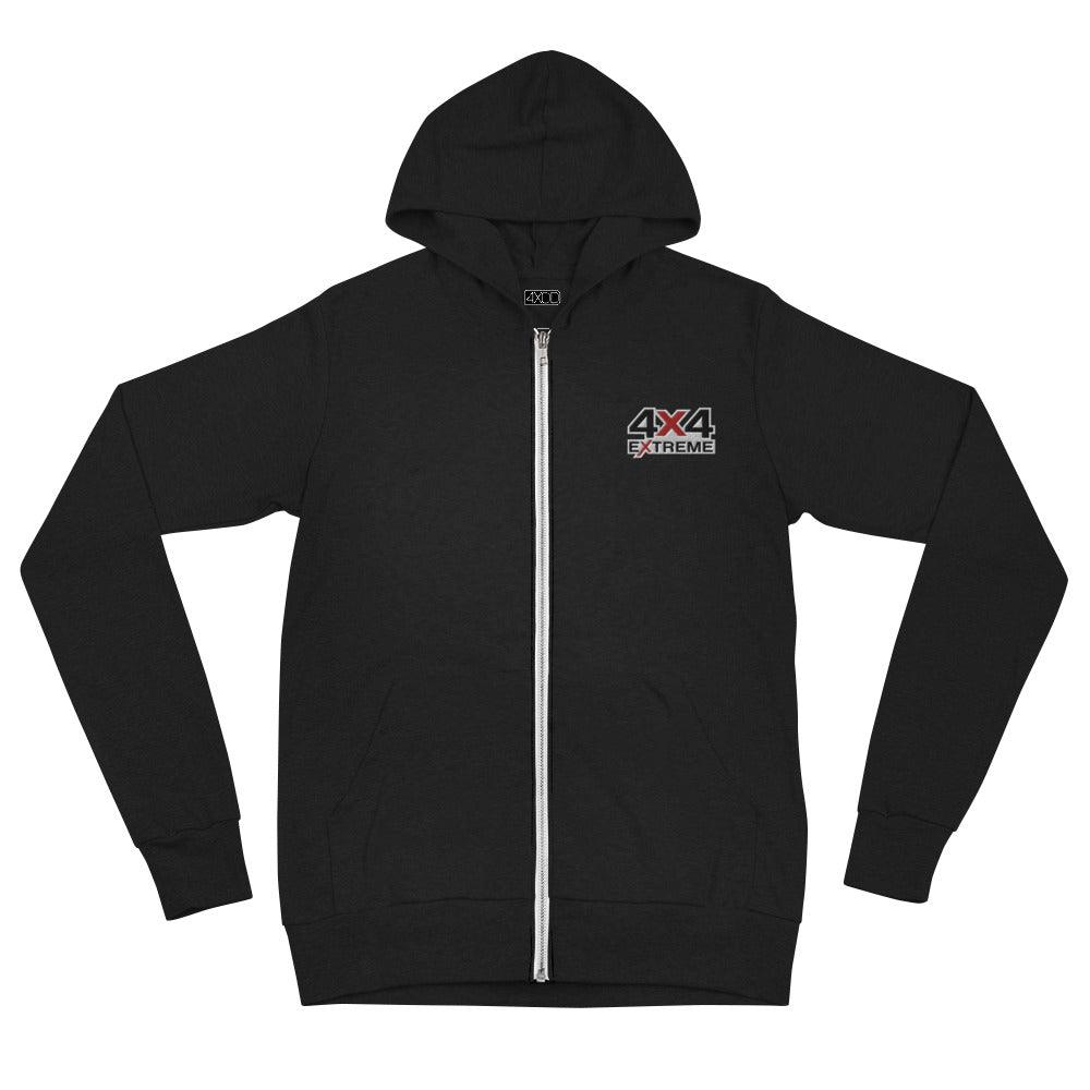 Unisex black triblend zip hoodie with black and red 4x4 Extreme embroidery